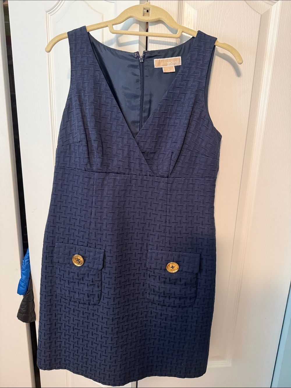 Michael Kors Navy Sleeveless Textured V-Neck Shift Dress with Gold Buttons